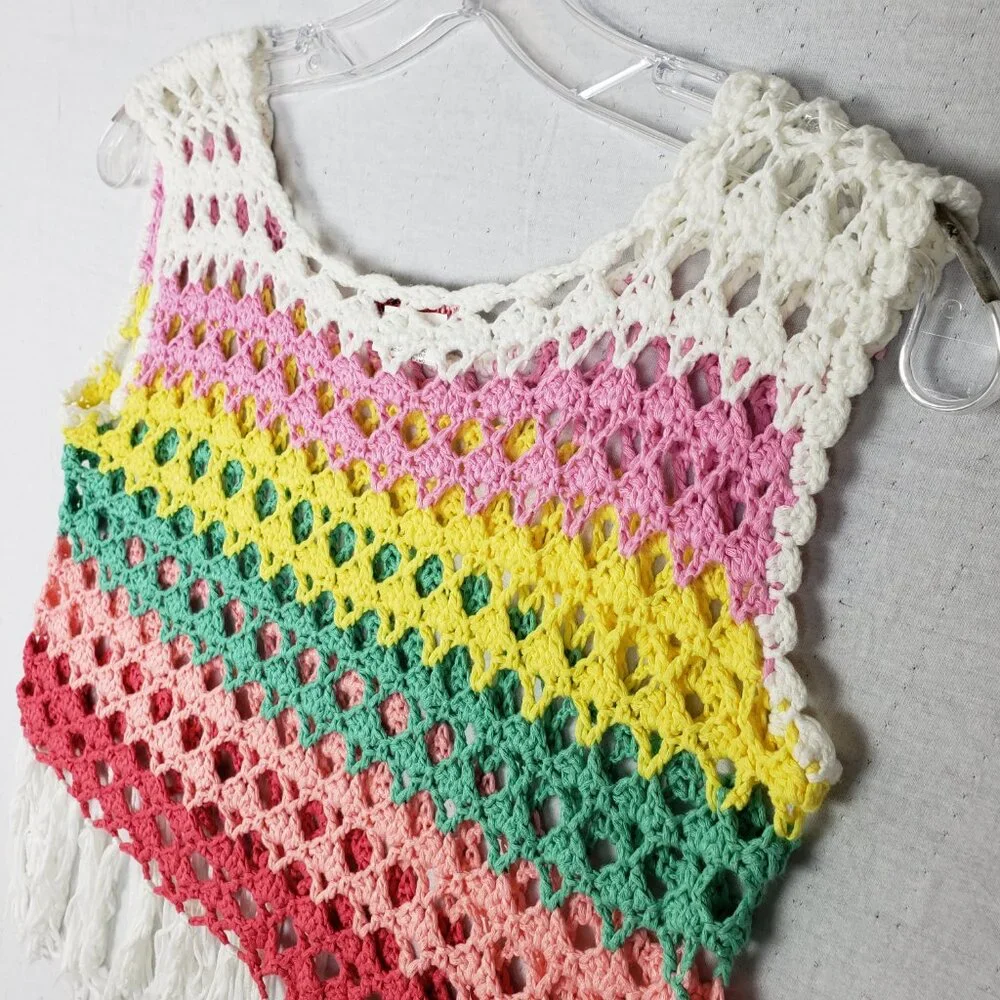 Vintage Y2K Boho Striped Colorful Fringe Crochet Knit 70s Sleeveless Top sz L/XL